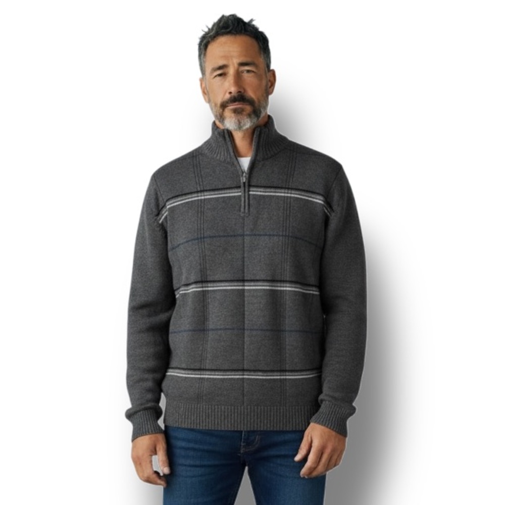 Oscar De La Renta Mens Qtr-Zip Turtleneck Sweater Gray Plaid Preppy Old Money XL